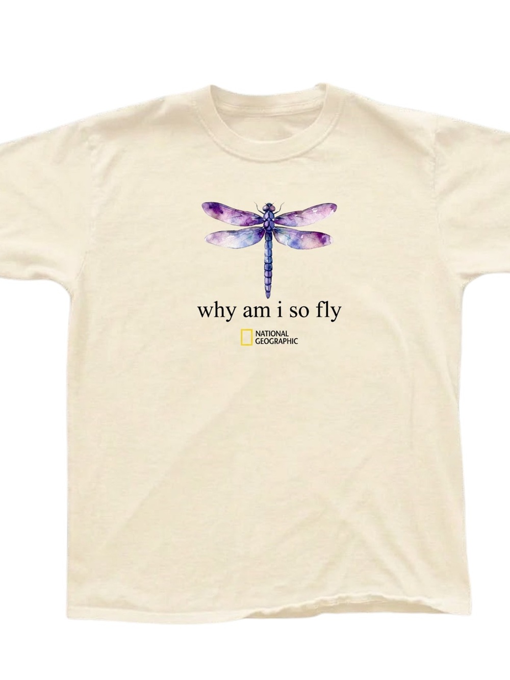 Gildan National Geographic Cream Tee with Purple Dragonfly Graphic